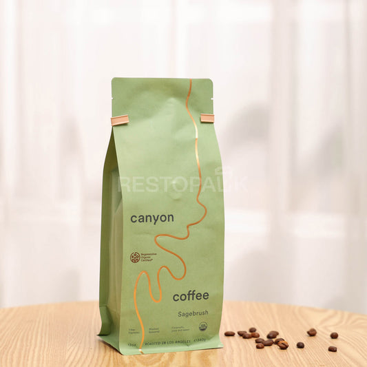 Custom Flat Bottom Coffee Bags with Tin Tie and Gold Foil Stamping