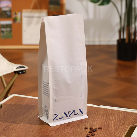 Compostable Flat Bottom Coffee Bags with Zipper and Label Area