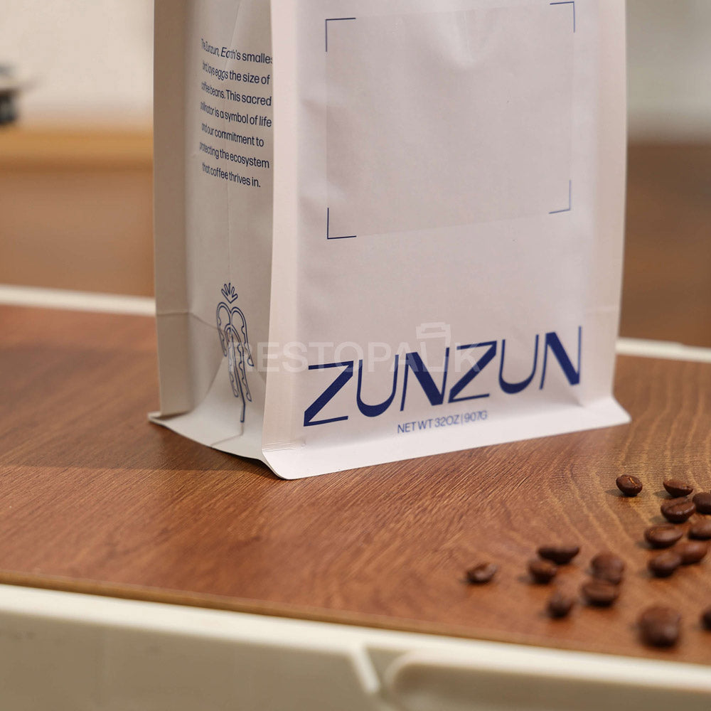 Compostable Flat Bottom Coffee Bags with Zipper and Label Area