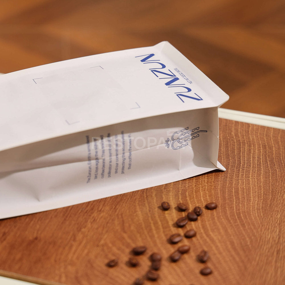 Compostable Flat Bottom Coffee Bags with Zipper and Label Area