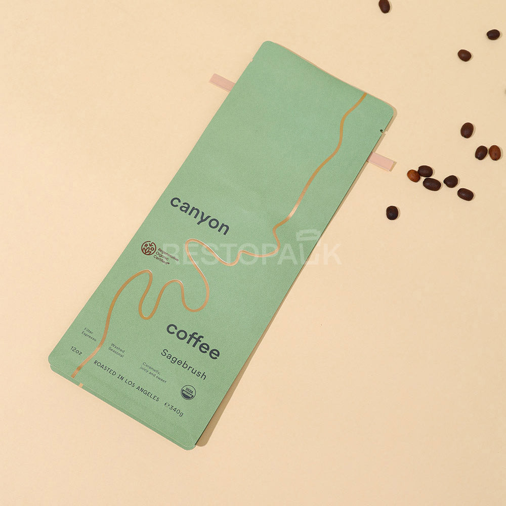 Custom Flat Bottom Coffee Bags with Tin Tie and Gold Foil Stamping