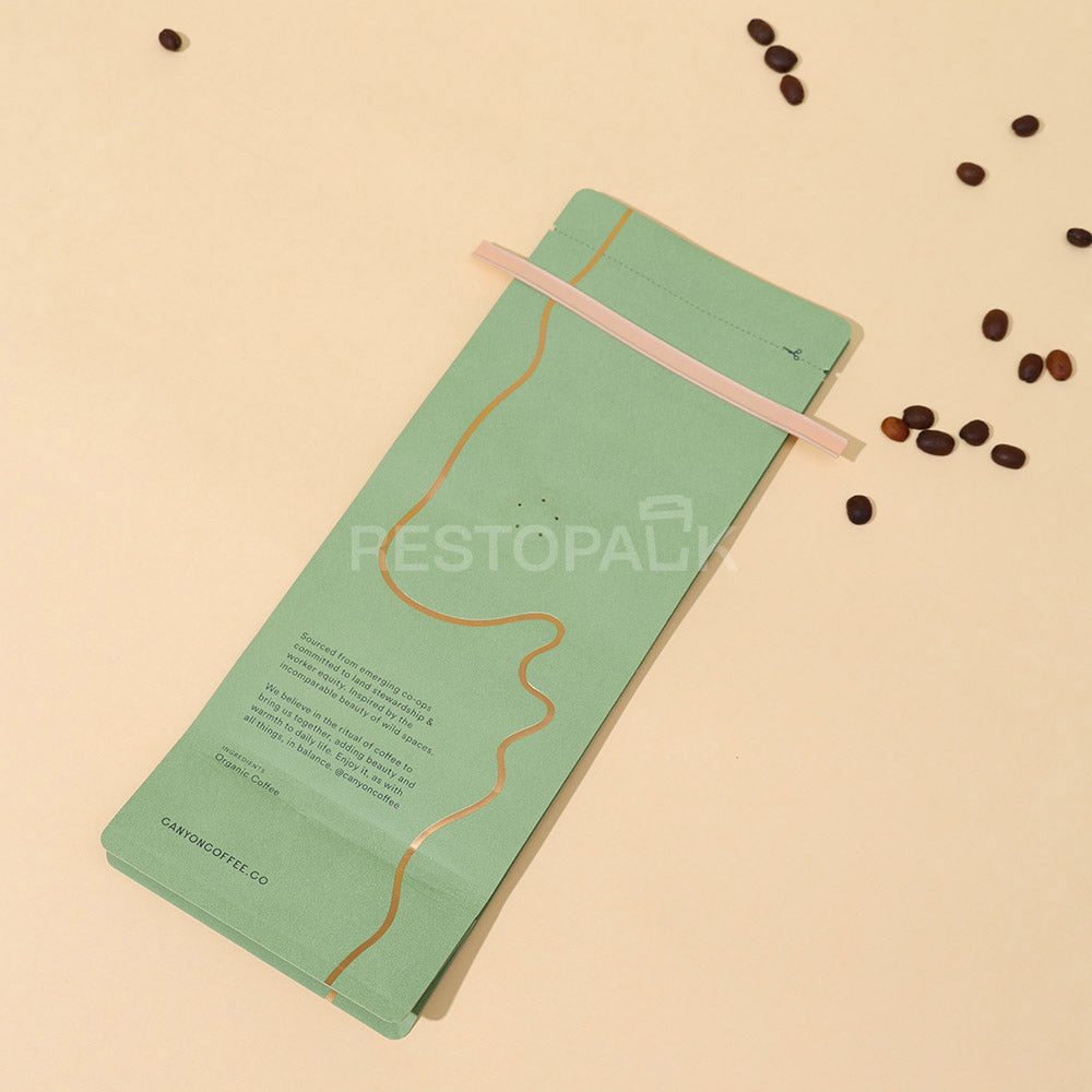 Custom Flat Bottom Coffee Bags with Tin Tie and Gold Foil Stamping