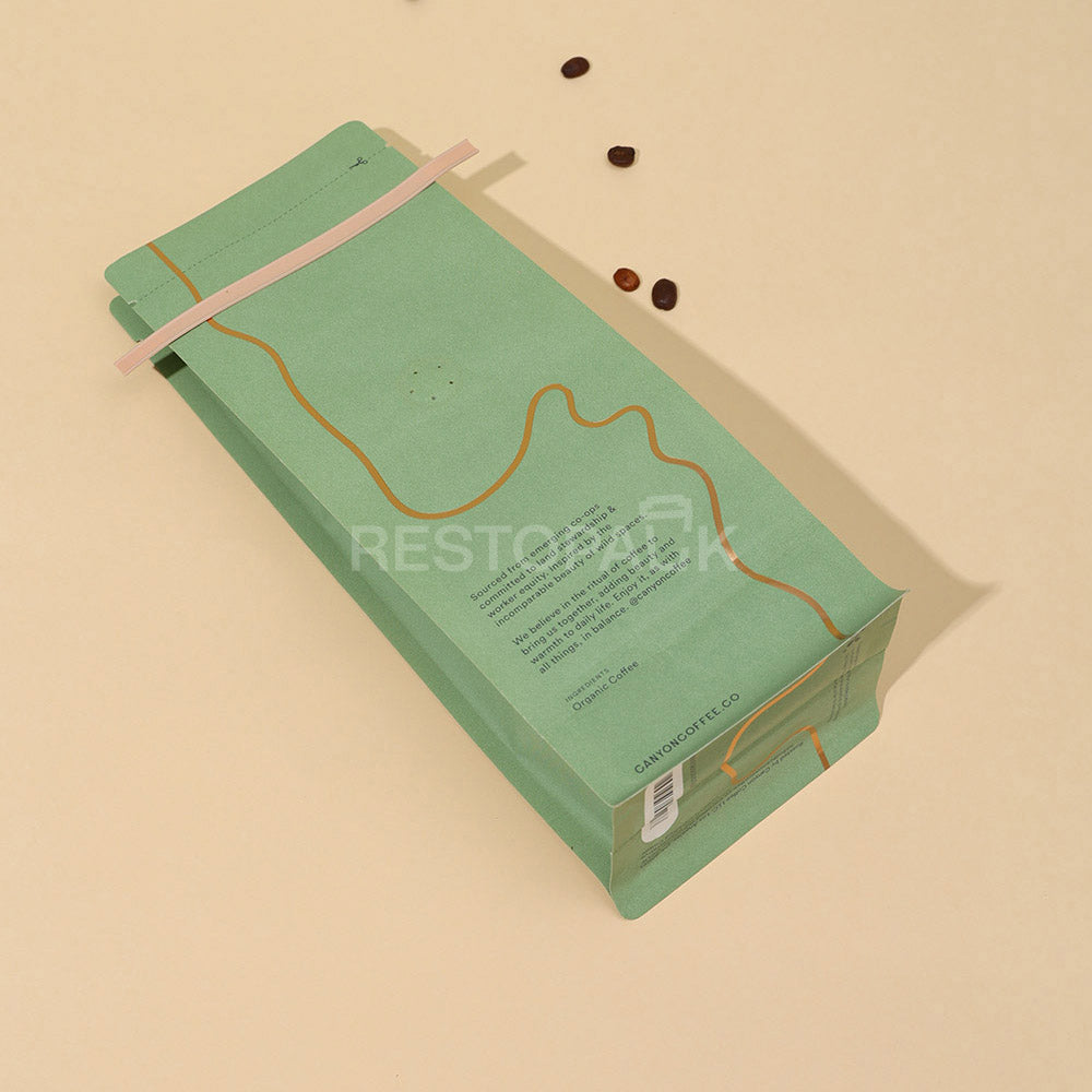 Custom Flat Bottom Coffee Bags with Tin Tie and Gold Foil Stamping