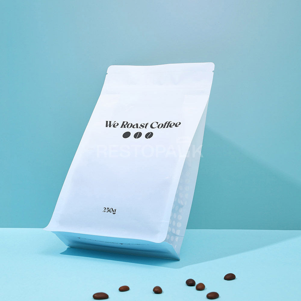 Custom White Matte Flat Bottom Coffee Bag with Zipper