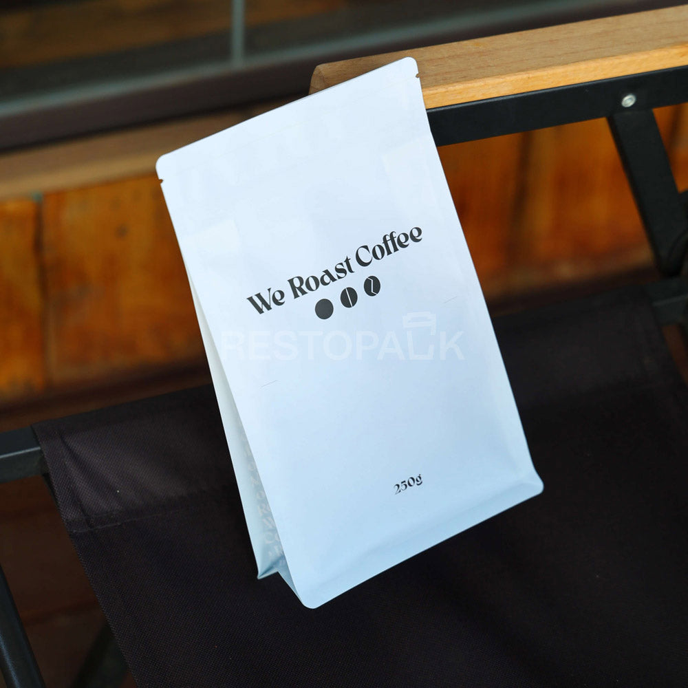 Custom White Matte Flat Bottom Coffee Bag with Zipper