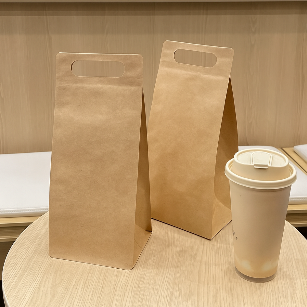 1-Cup Kraft Paper Takeaway Bags with Button Handle