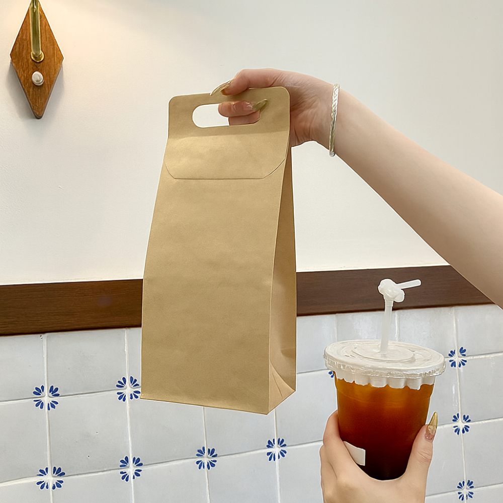 1-Cup Kraft Paper Takeaway Bags with Button Handle