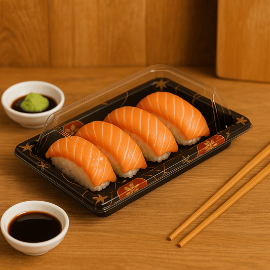 6 5/16" × 3 9/16" Clear Lid Plastic Sushi Trays with Printed Base