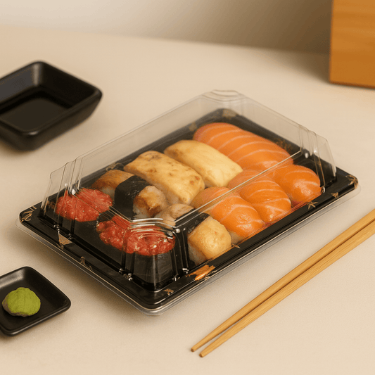 7 3/16" × 5" Clear Lid Plastic Sushi Trays with Printed Base