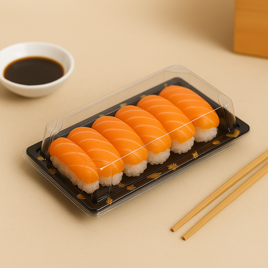 8 7/16" × 3 7/16" Clear Lid Plastic Sushi Trays with Printed Base