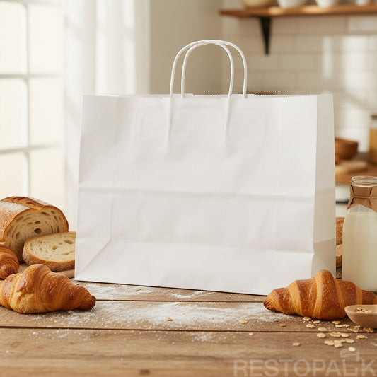 15 3/4" x 5 1/8" x 12 3/16" Tall White Kraft Paper Bag with Handles