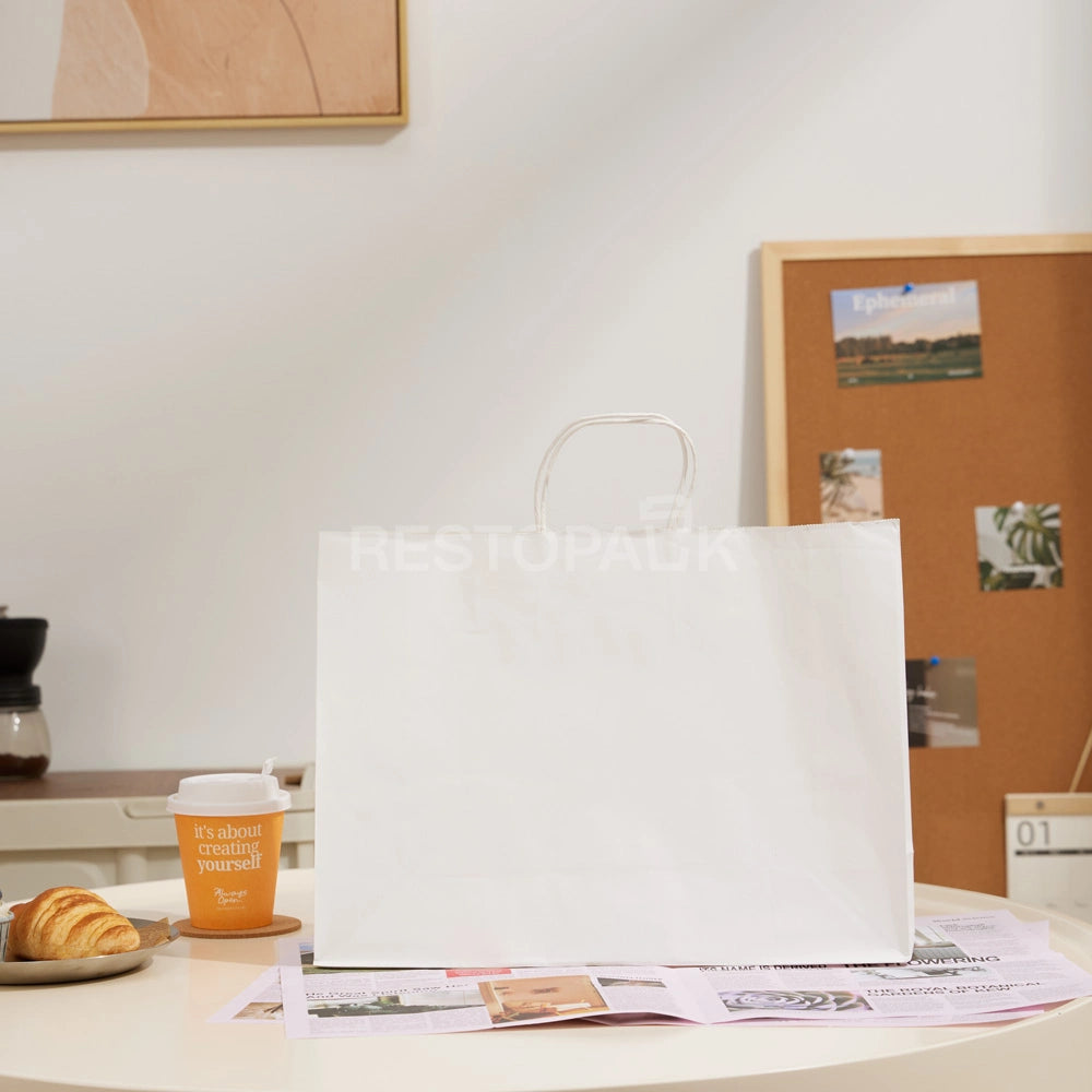 15 3/4" x 5 1/8" x 12 3/16" Tall White Kraft Paper Bag with Handles