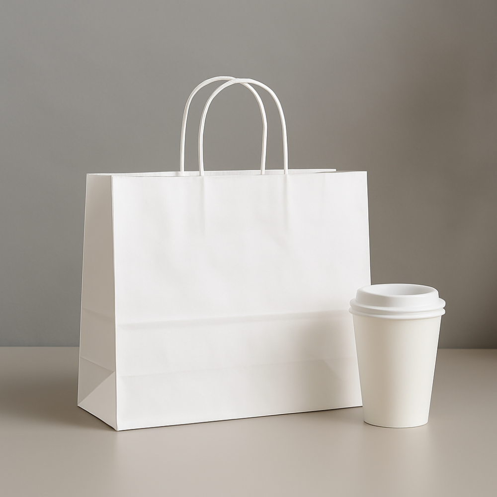 15 3/4" x 5 1/8" x 12 3/16" Tall White Kraft Paper Bag with Handles