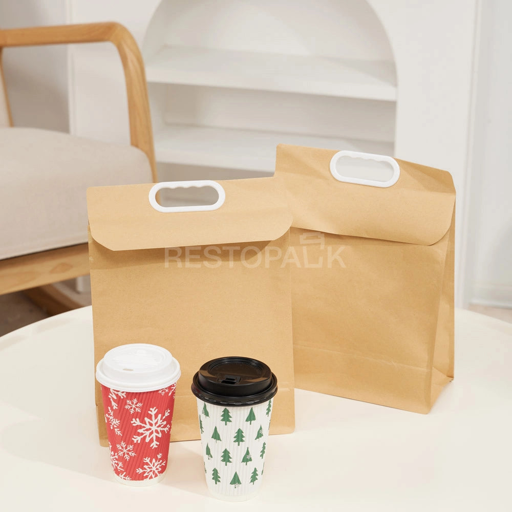 2-Cup Kraft Paper Takeaway Bags with Button Handle