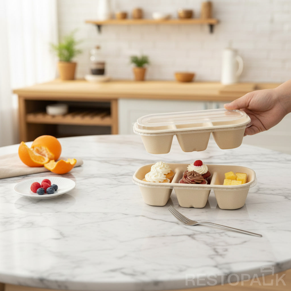 37 oz Three-Compartment Oval Paper Bowl with PET Lid