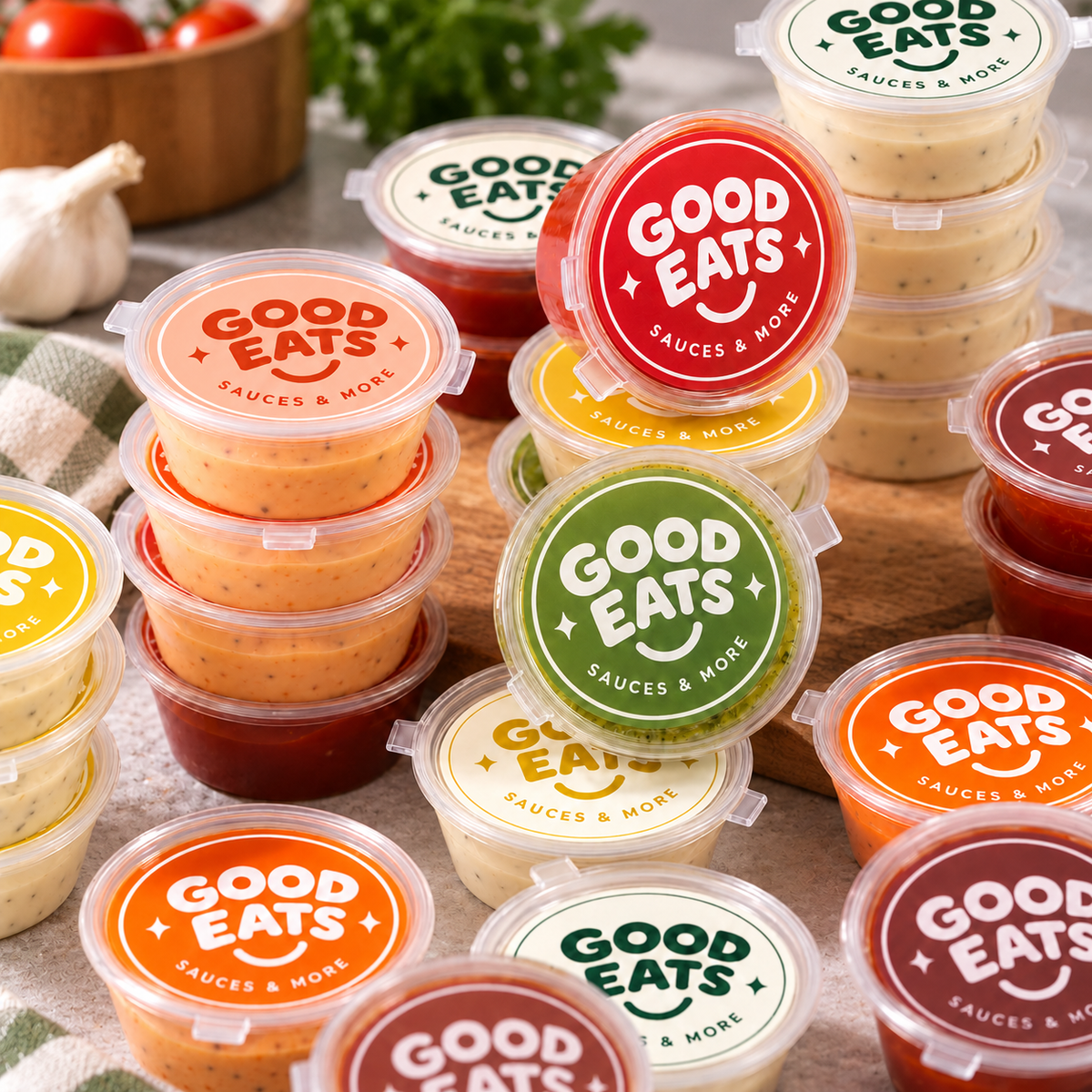 Clear Hinged Plastic Sauce Cups with Attached Lids and Custom Round Stickers