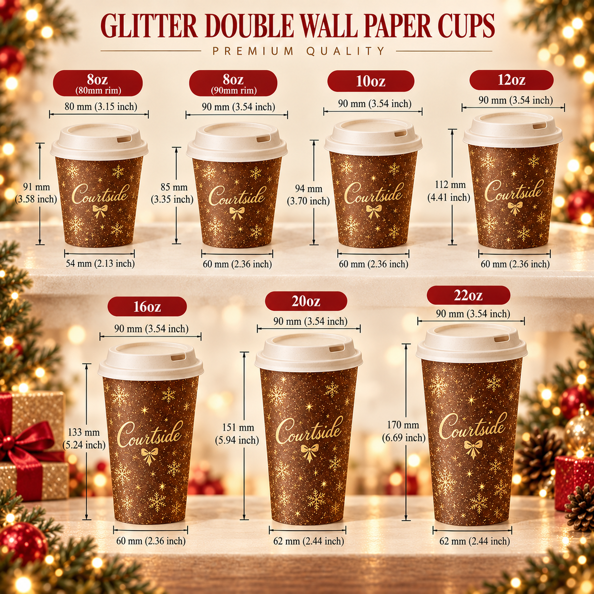 Custom Glitter Double Wall Paper Coffee Cups with Foil Stamped Logo