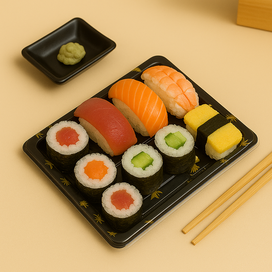 6 3/8" × 4 3/8" Clear Lid Plastic Sushi Trays with Printed Base