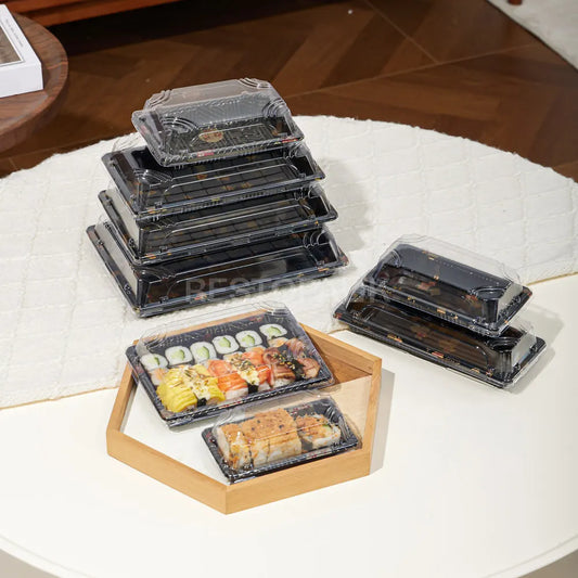 7 3/16" × 5" Clear Lid Plastic Sushi Trays with Printed Base