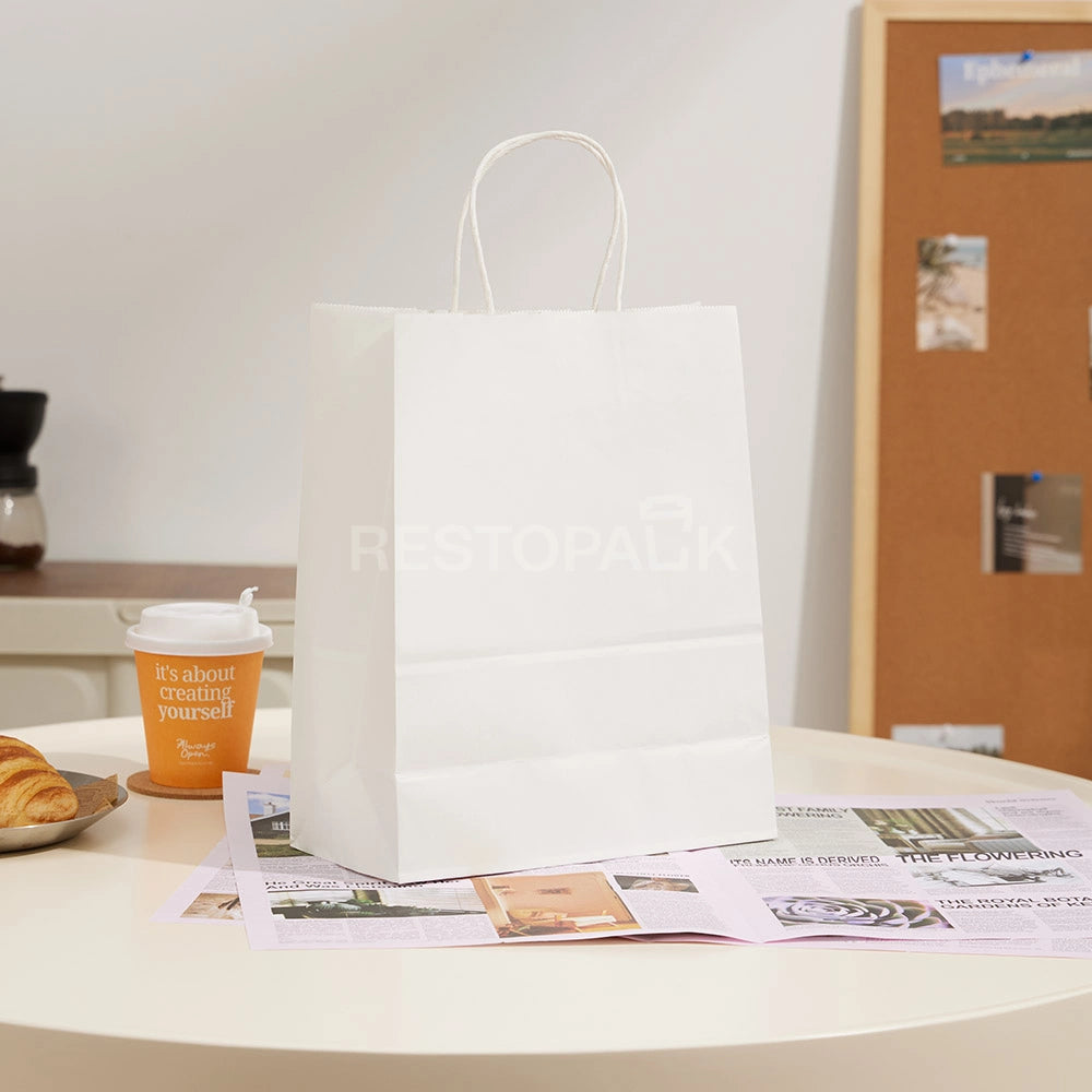 8 1/4" × 4 5/16" × 10 5/8" Tall White Kraft Paper Bag with Handles