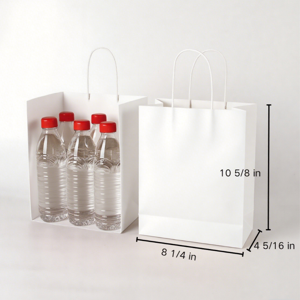 8 1/4" × 4 5/16" × 10 5/8" Tall White Kraft Paper Bag with Handles