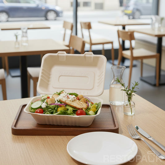 9" × 6" × 3" Compostable Sugarcane Bagasse Square Food Box
