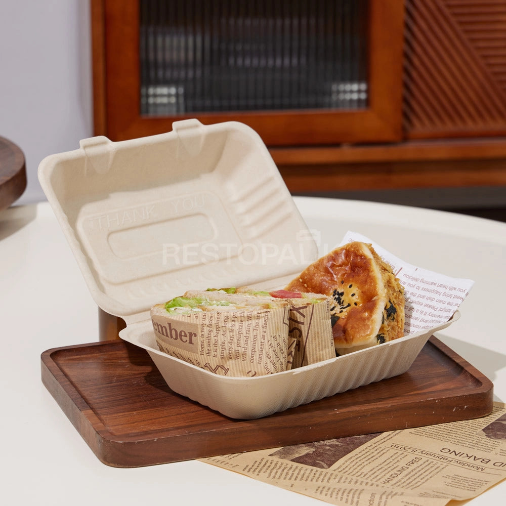 9" × 6" × 3" Compostable Sugarcane Bagasse Square Food Box