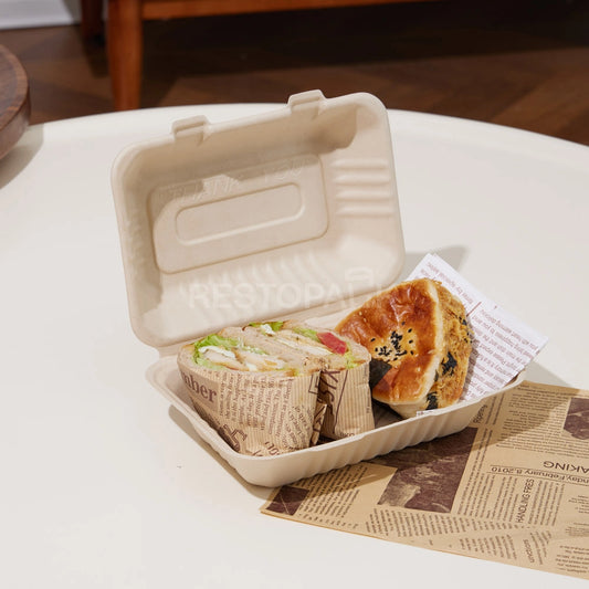 9" × 6" × 3" Compostable Sugarcane Bagasse Square Food Box
