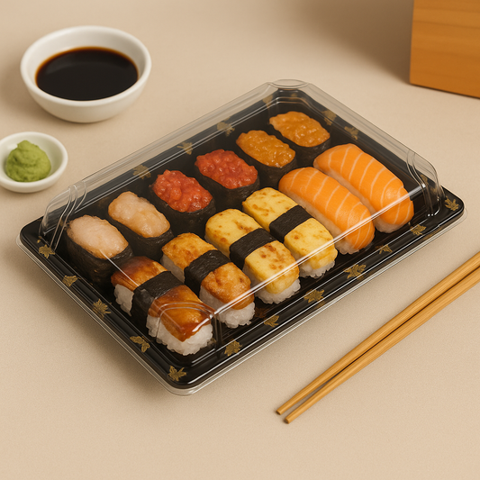 8 9/16" × 5 5/16" Clear Lid Plastic Sushi Trays with Printed Base