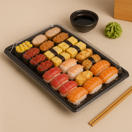 10 1/16" × 7 5/16" Clear Lid Plastic Sushi Trays with Printed Base