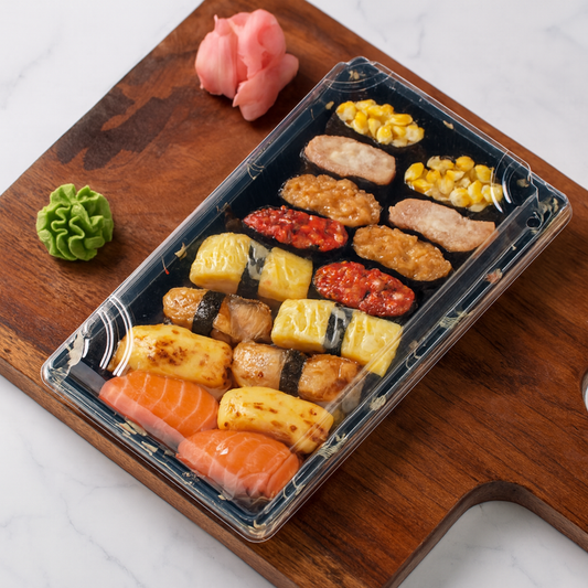 9 5/16" × 5 7/8" Clear Lid Plastic Sushi Trays with Printed Base