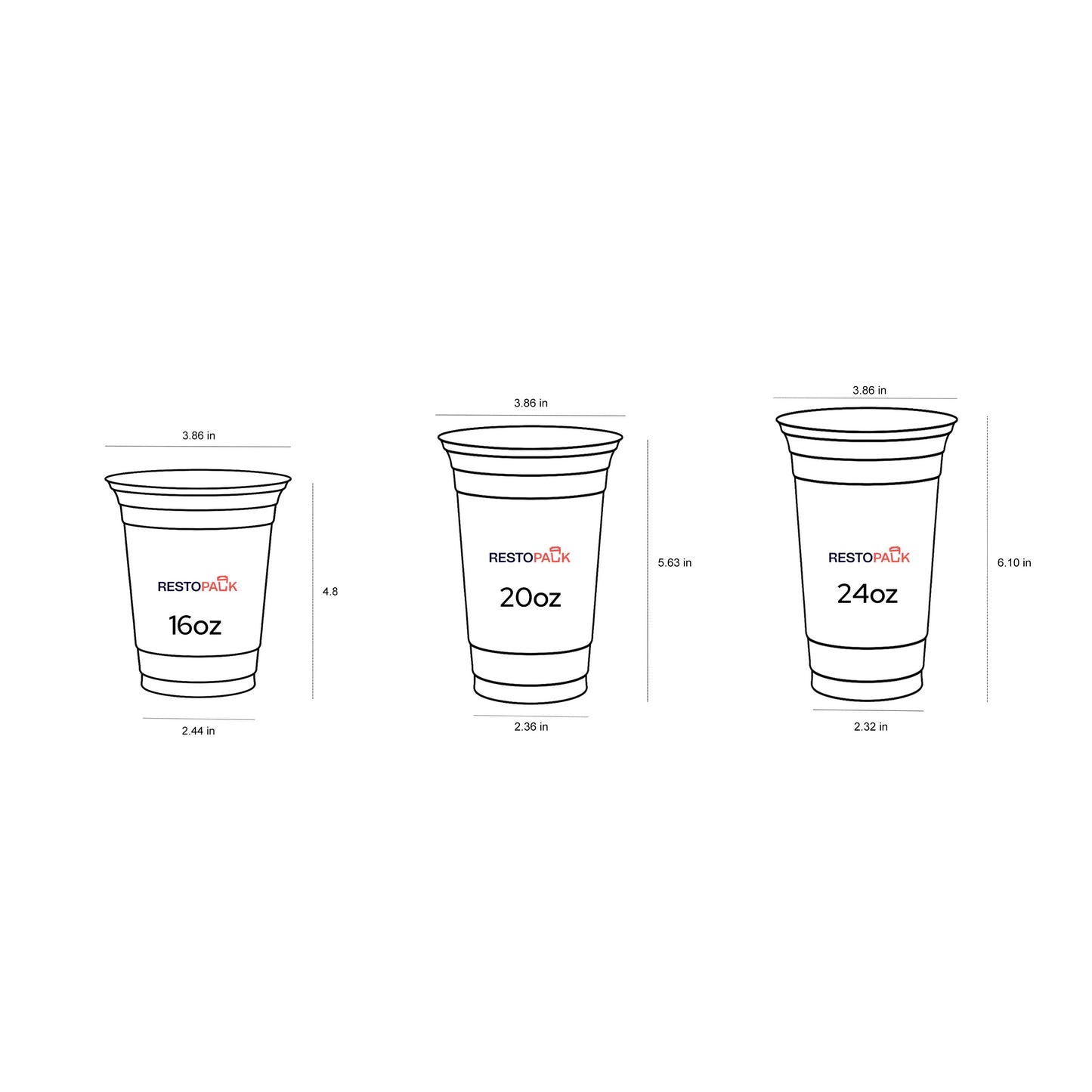 Three sizes of disposable cups with measurements and 'RESTON' branding on a white background.