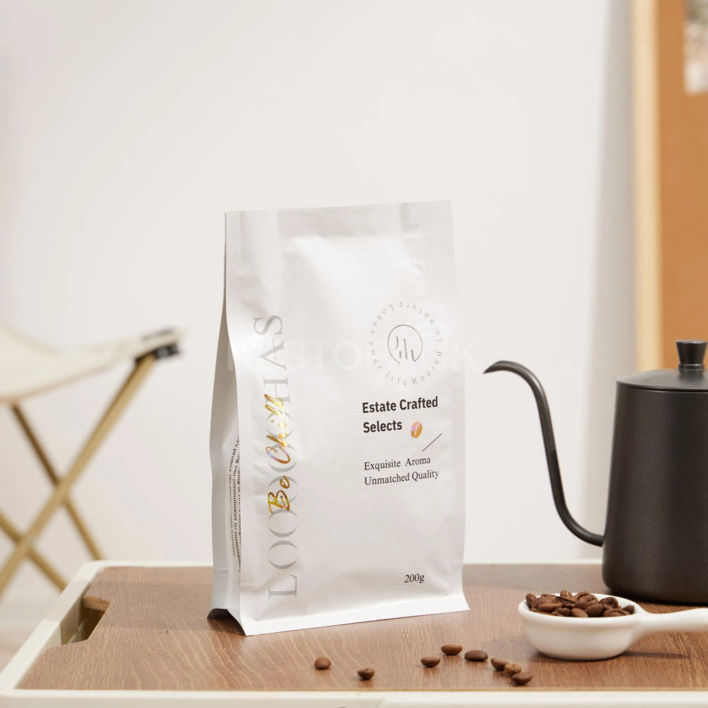 Glossy White Eight-Side Seal Coffee Bag with Valve & Side Printing