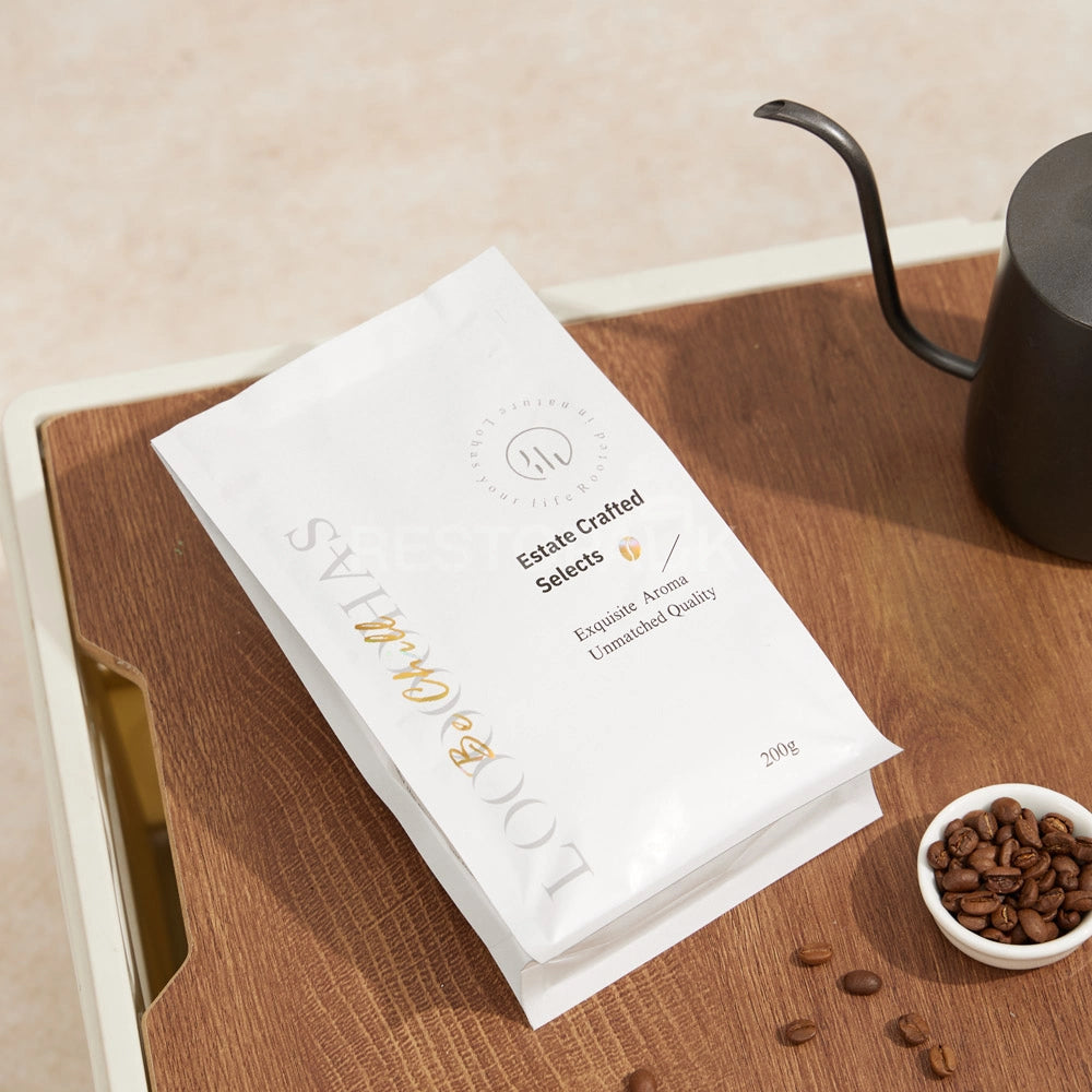Glossy White Eight-Side Seal Coffee Bag with Valve & Side Printing