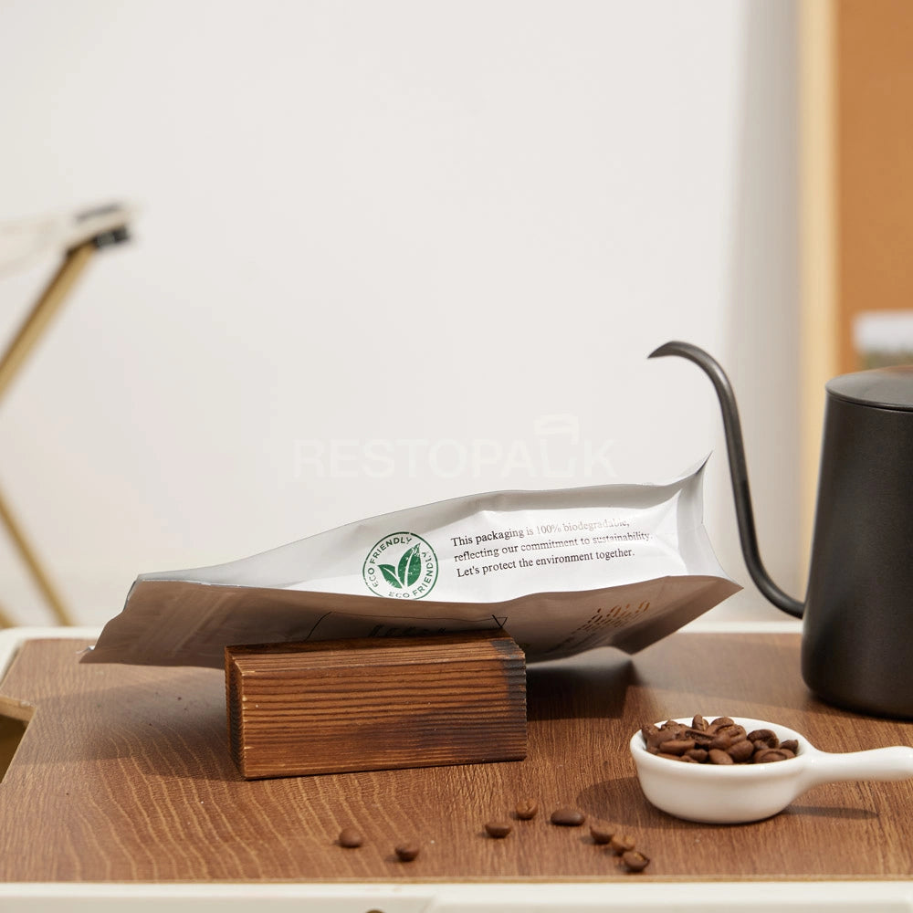 Glossy White Eight-Side Seal Coffee Bag with Valve & Side Printing