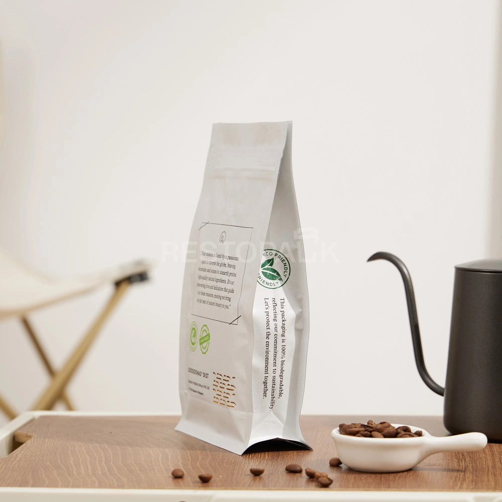 Glossy White Eight-Side Seal Coffee Bag with Valve & Side Printing