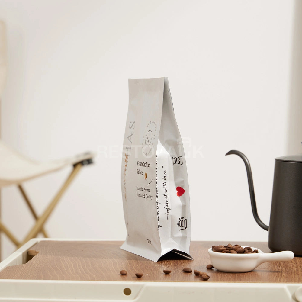 Glossy White Eight-Side Seal Coffee Bag with Valve & Side Printing