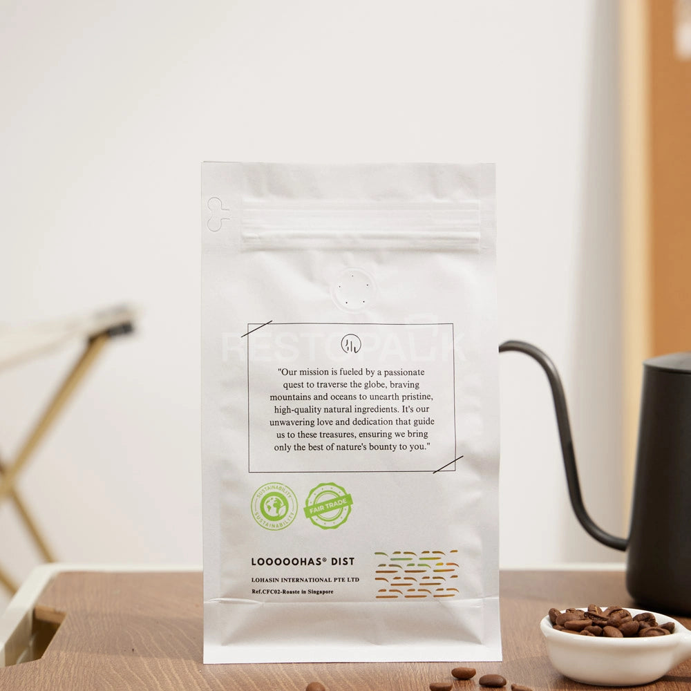 Glossy White Eight-Side Seal Coffee Bag with Valve & Side Printing