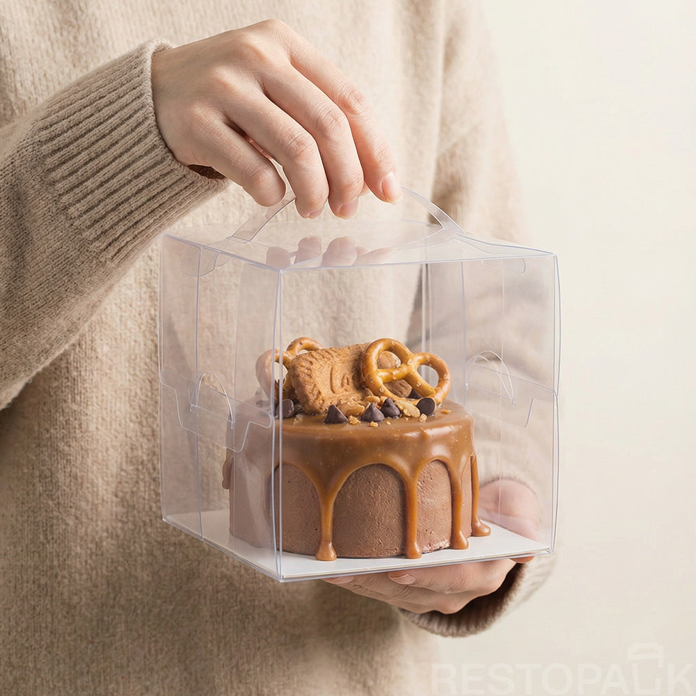 Clear PET Handheld Cake Box (2" & 4") – Durable Carry Handle Packaging