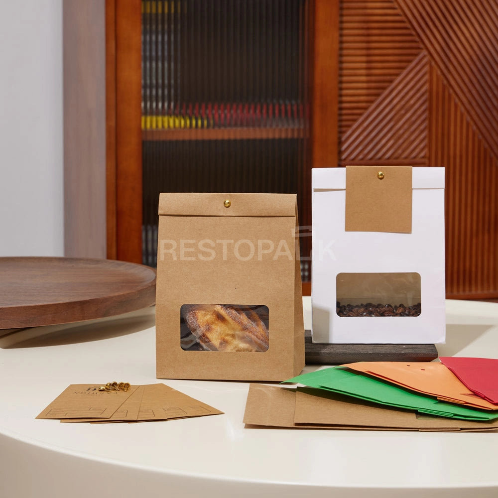 Kraft Paper Window Bags with Customizable Header Card and Snap Closure