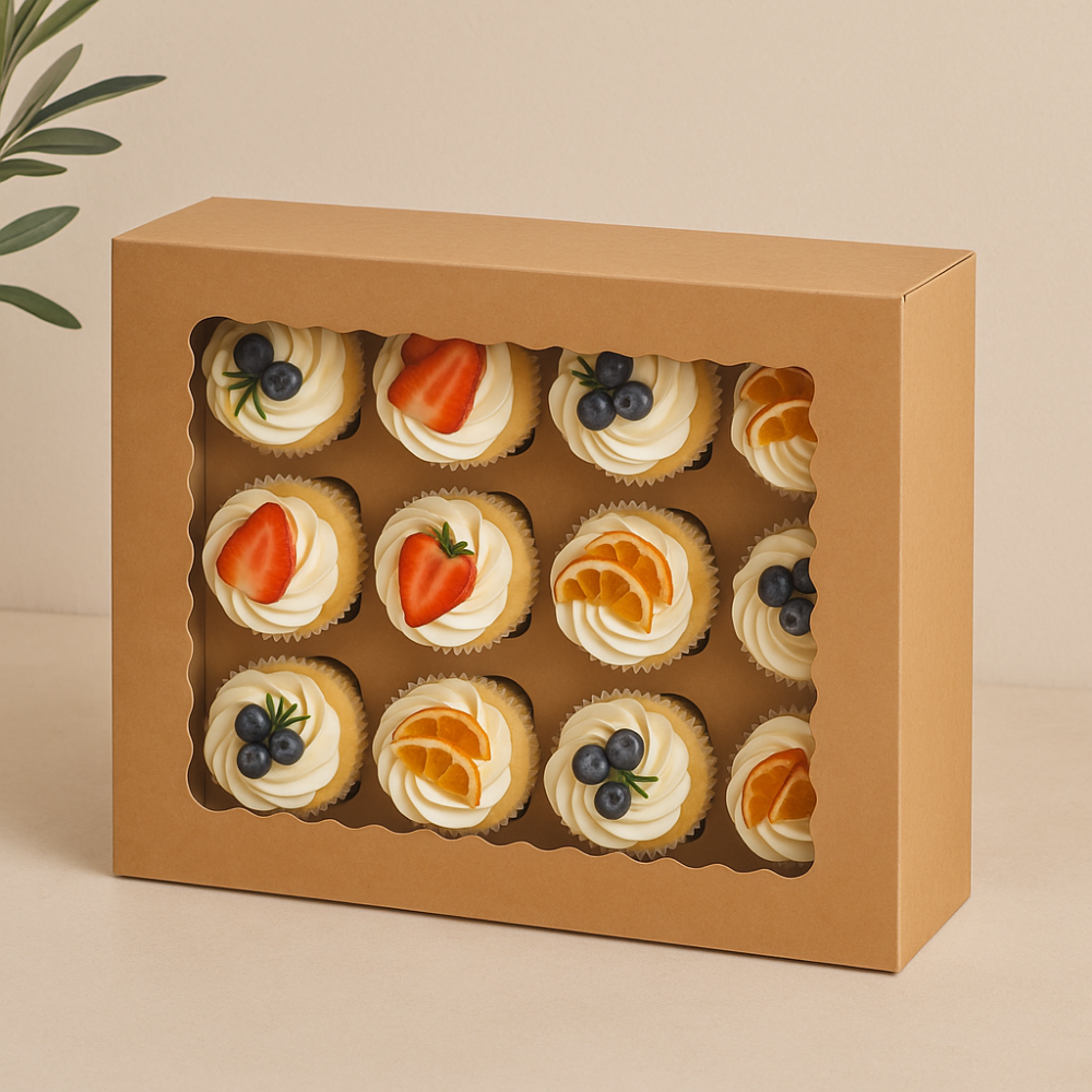 Kraft Window Cupcake / Muffin Box with 12 Slot Insert