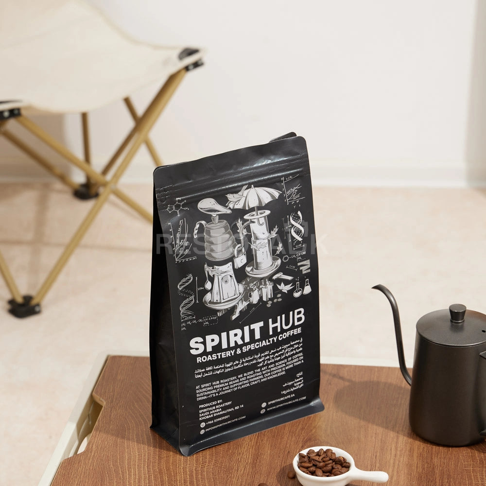 Matte Black Eight-Side Seal Coffee Bag with Zipper & Custom Print