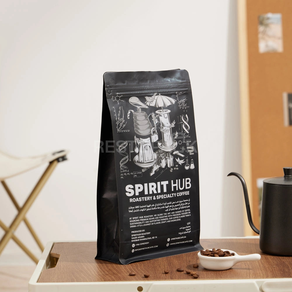 Matte Black Eight-Side Seal Coffee Bag with Zipper & Custom Print