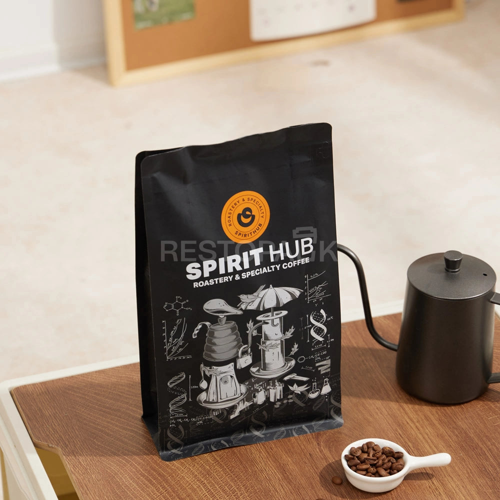 Matte Black Eight-Side Seal Coffee Bag with Zipper & Custom Print