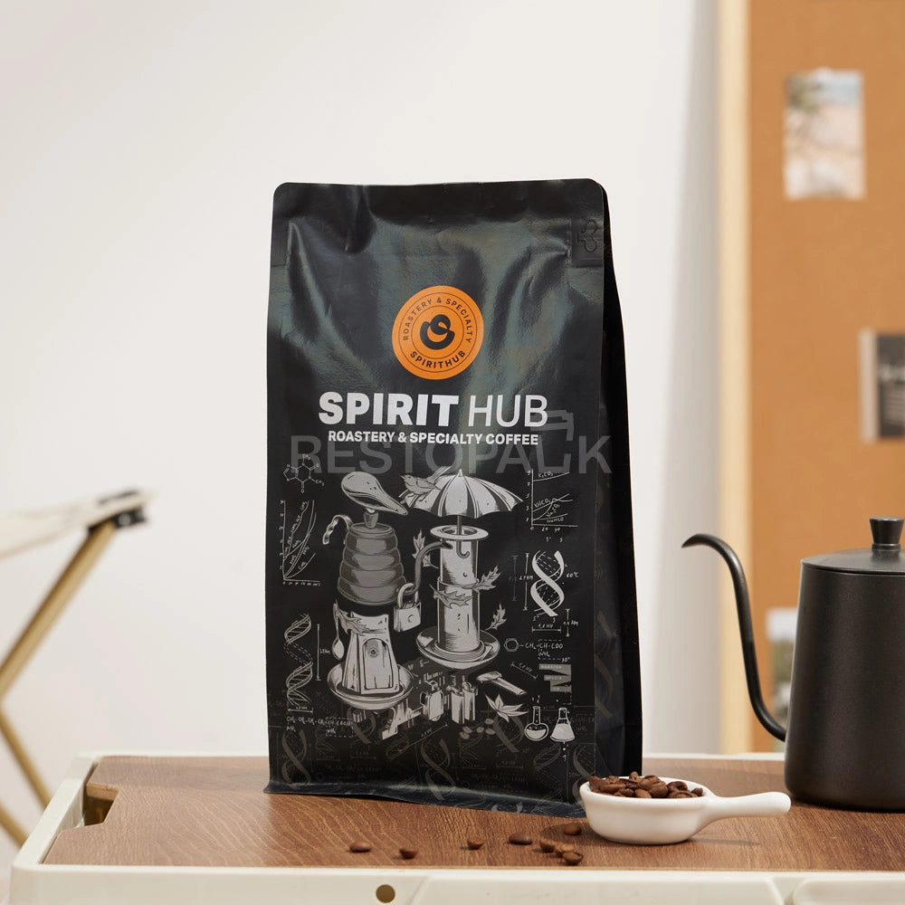Matte Black Eight-Side Seal Coffee Bag with Zipper & Custom Print