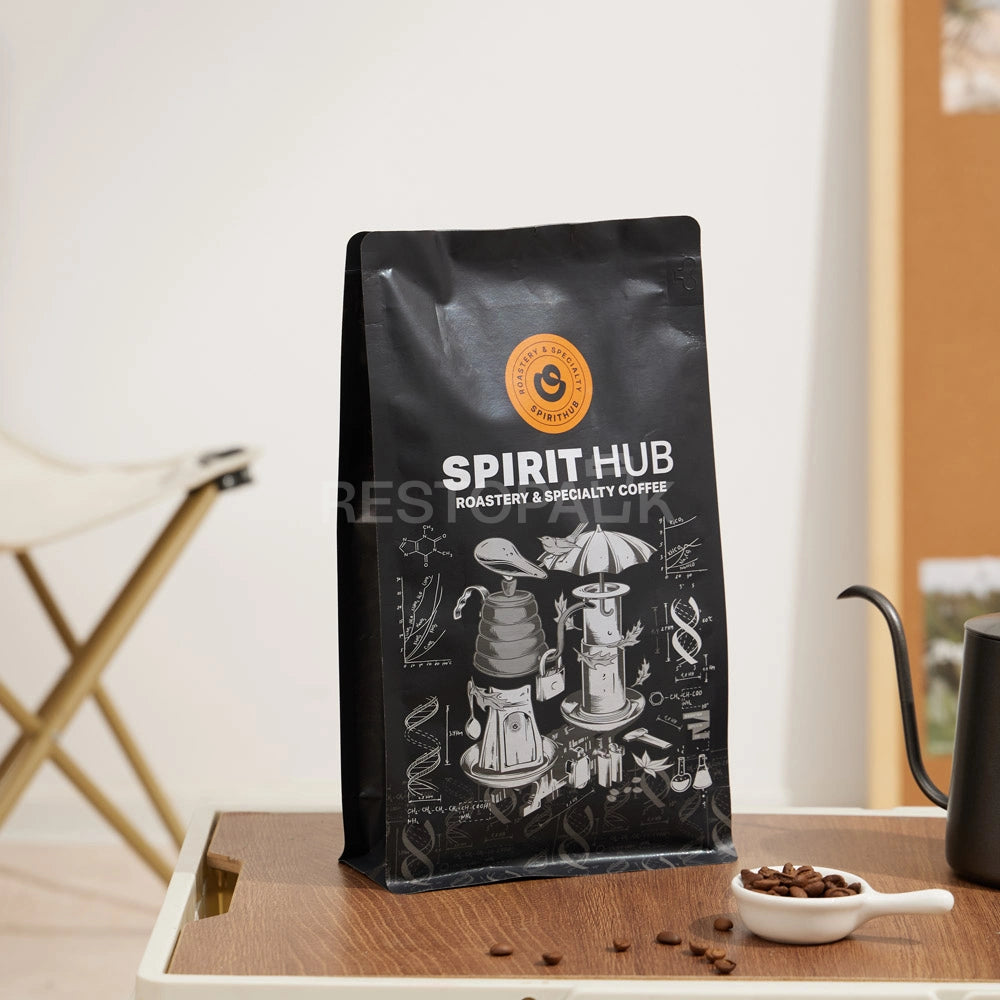 Matte Black Eight-Side Seal Coffee Bag with Zipper & Custom Print