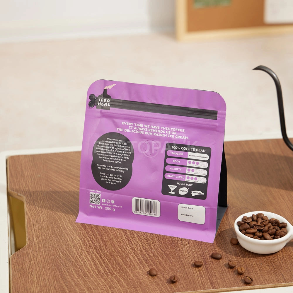 Matte Purple Flat Bottom Coffee Bag with Zipper & Custom Print