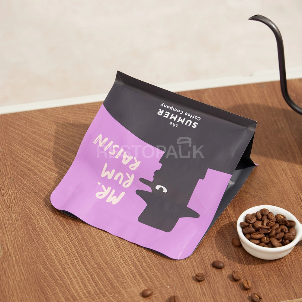 Matte Purple Flat Bottom Coffee Bag with Zipper & Custom Print