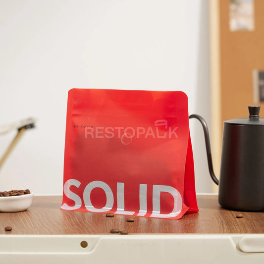 Matte Textured Red Flat Bottom Coffee Bag with Peel & Reseal Zipper