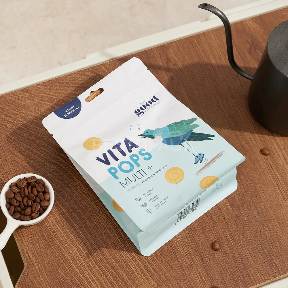 Matte White Flat Bottom Coffee Bag with Zipper, Hang Hole & Tear Notch